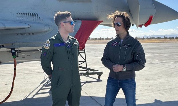 Flt. Lt. Calum Falconer with Flo Taitsch, presenter of the award-winning YouTube show Eurofighter Typhoon, The Fighter Show.