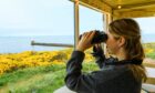 young woman looks through binoculars out into the North Sea as she follows the maritime trail in Aberdeen