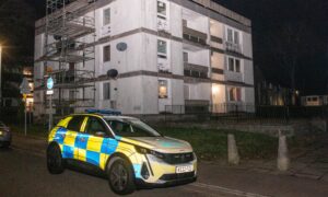Police car outside three-storey block of flats.