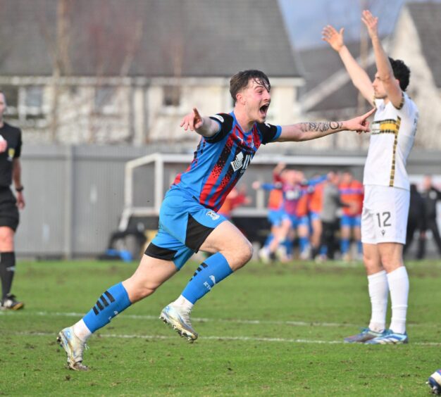 Alfie Bavidge wheels away to celebrate after his stoppage-time goal earned Inverness Caledonian Thistle a 1-0 victory at Dumbarton in SPFL League One on March 8, 2025. 