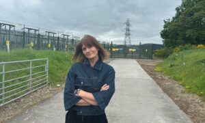 Councillor Helen Crawford in front of Balblair substation near Beauly.