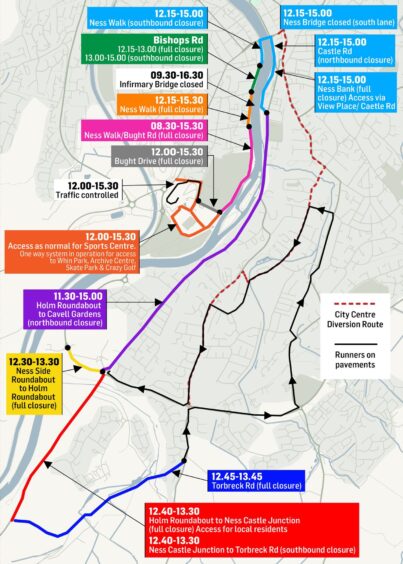 Map outlining the various routes across Inverness which will be restricted during the half marathon 