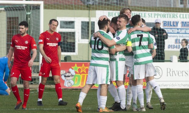 Buckie Thistle celebrate their third goal against Brora Rangers which was scored by Josh Peters. Photos by Jason Hedges/DC Thomson.