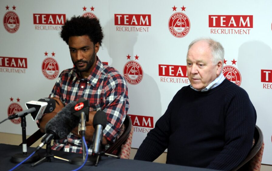 Aberdeen's new signing Youl Mawene with manager Craig Brown. Image: Kami Thomson/ DC Thomson.