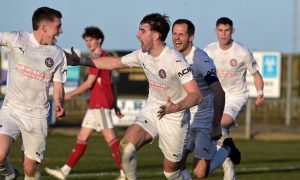 Craig MacKenzie, left, and Max Ewan celebrate after MacKenzie scored for Brora Rangers' second goal against Deveronvale in the R Davidson (Banchory) Highland League Cup semi-final. Photos by Sandy McCook/DC Thomson.