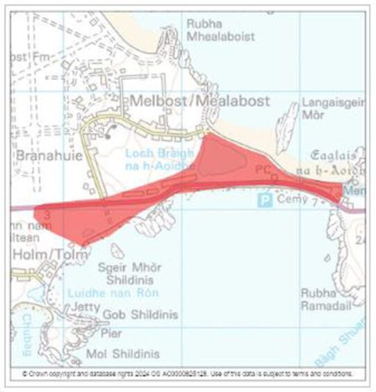 The area around the Braighe where the flood warning is in place. The image is that of a map with a red area outlined. 