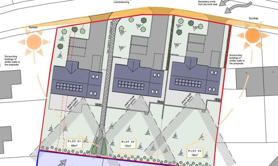 The three new homes would be tightly packed in on Grant Drive. Image: John Wink Design