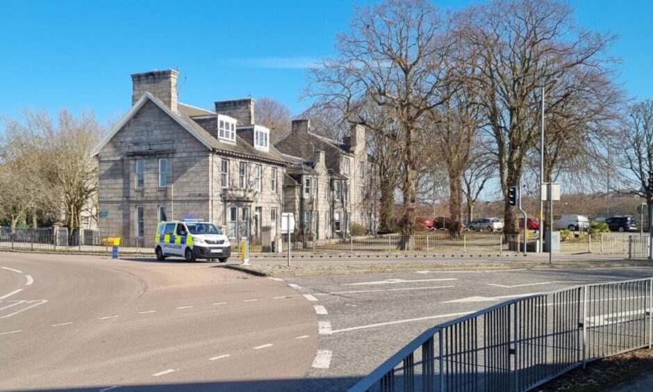 Police van blocking road approaching Bridge of Dee near Garthdee roundabout 