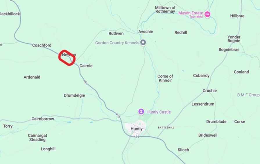 Map with red circle showing where roadworks are being carried out on the A96 north of Huntly 