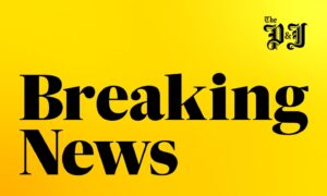 Yellow breaking news graphic with P&J logo