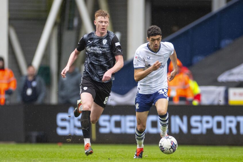 Noah Mawene of Preston North End in possession of the ball during a Sky Bet Championship match between Preston North End and Rotherham United at Deepdale on March 29, 2024. Image: Shutterstock.