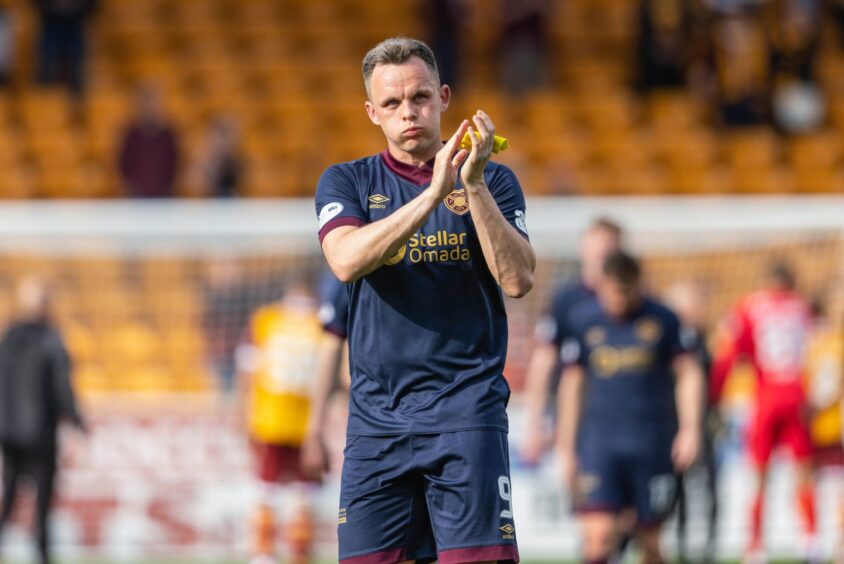 Hearts striker Lawrence Shankland and his team-mates were left dejected after missing out on a top six place at Motherwell. Image: SNS