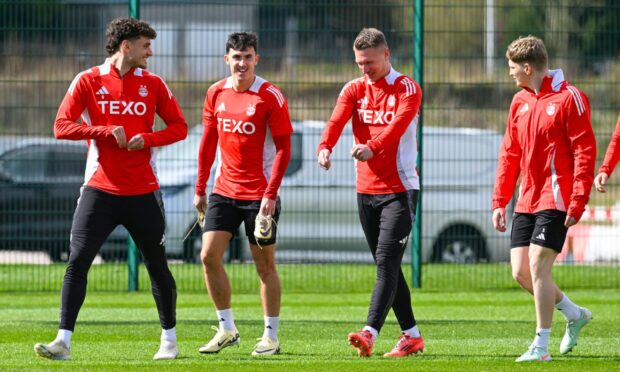 From left, Dante Polvara, Jamie McGrath, Ante Palaversa and Jack MacKenzie train at Cormack Park ahead of the Scottish Cup semi-final. Image: SNS.