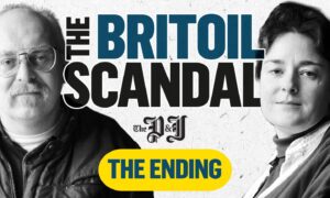 a graphic showing Roy Allen and Alison Anders and the words, The Britoil Scandal: The Ending