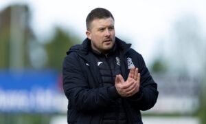 Elgin City manager Allan Hale during a League Two match between Elgin and Peterhead at Borough Briggs Stadium, Elgin, on April 19, 2025.