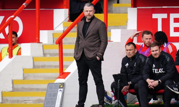 Aberdeen manager Jimmy Thelin on the touchline during the William Hill Premiership match with Rangers at Pittodrie. Image PA.