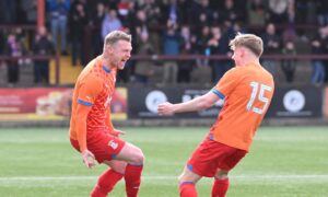 Caley Thistle forward Billy McKay celebrates after scoring against Stenhousemuir. Image: Dave Johnston.