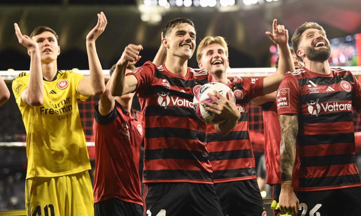 Nicolas Milanovic of Western Sydney Wanderers celebrates with the match ball after scoring a hat trick in a 4-1 victory over Newcastle Jets. Image: Shutterstock.