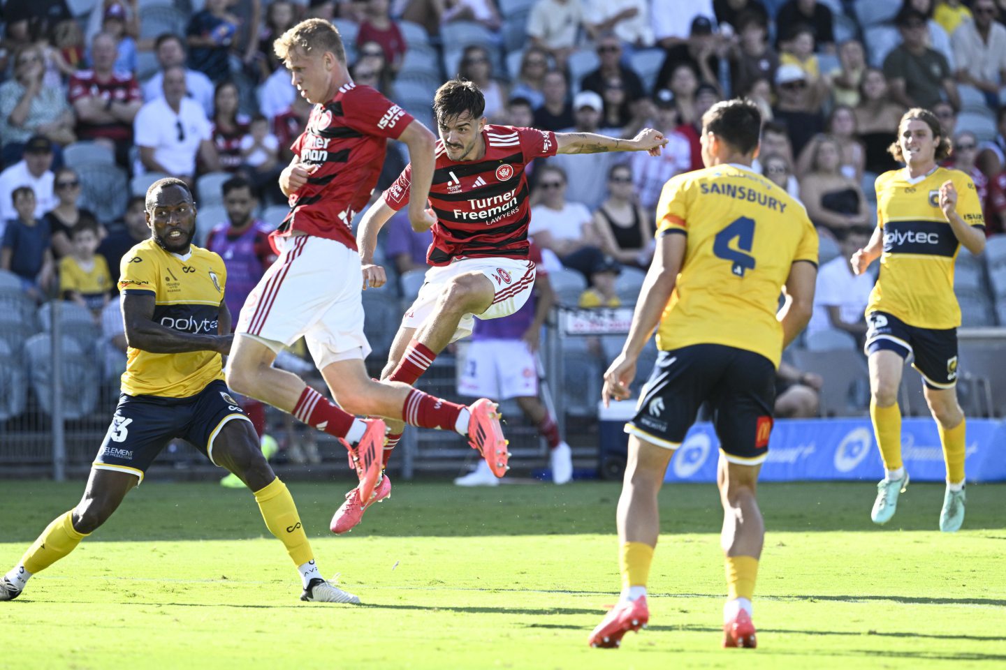 Nicolas Milanovic of Western Sydney Wanderers taking a shot at goal against Central Coast Mariners. Image: Shutterstock.