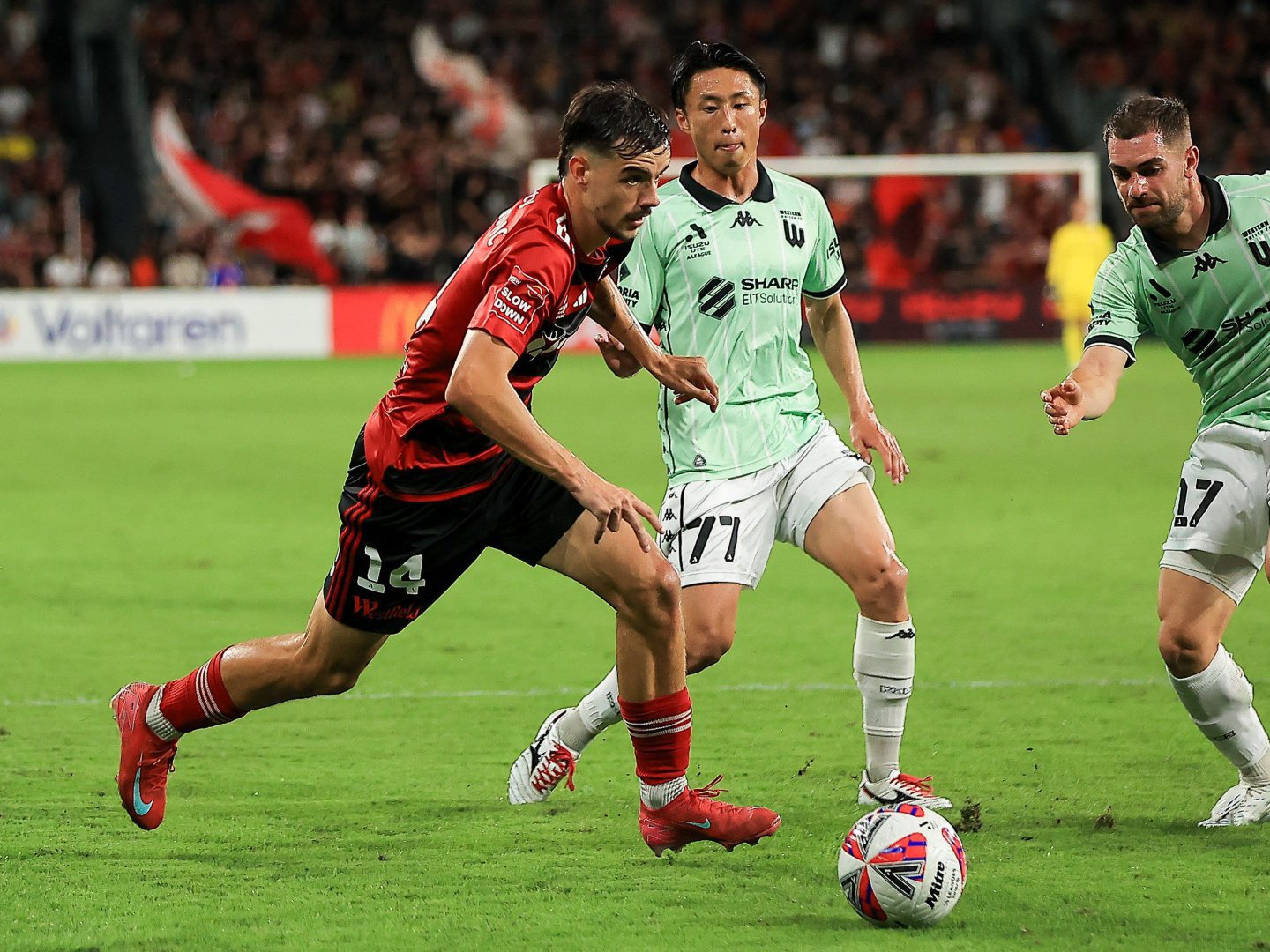 Nicolas Milanovic (L) of Western Sydney Wanderers FC and Riku Danzaki (R) of Western United FC. Image: Shutterstock.