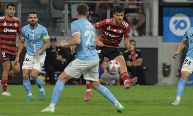 Kai Trewin (L) of Melbourne City FC and Nicolas Milanovic (R) of Western Sydney Wanderers in action. Image: Shutterstock.