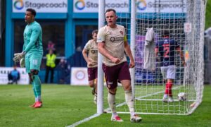 Lawrence Shankland celebrates after scoring to make it 2-1 Hearts against Ross County. Image: Shutterstock.