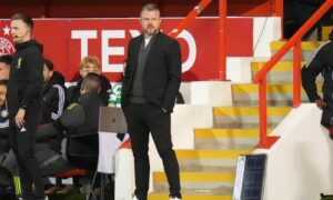 Aberdeen manager Jimmy Thelin during the Pittodrie Premiership defeat to Celtic. Image: Shutterstock.