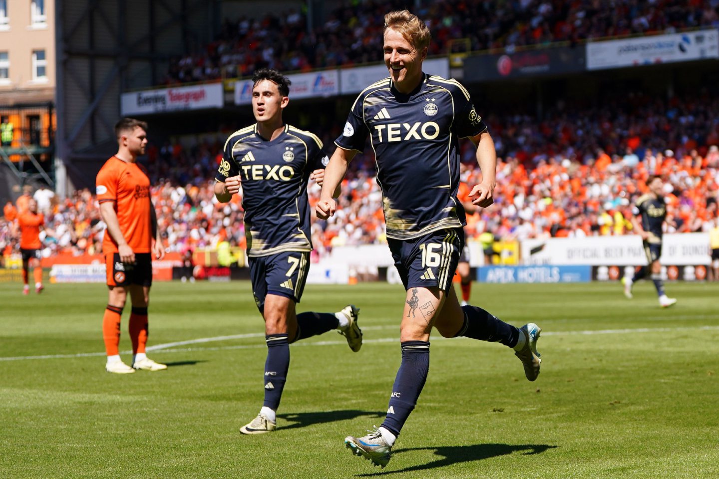Aberdeen's Jeppe Okkels celebrates after scoring against Dundee United at Tannadice in the final game of the Premiership season.