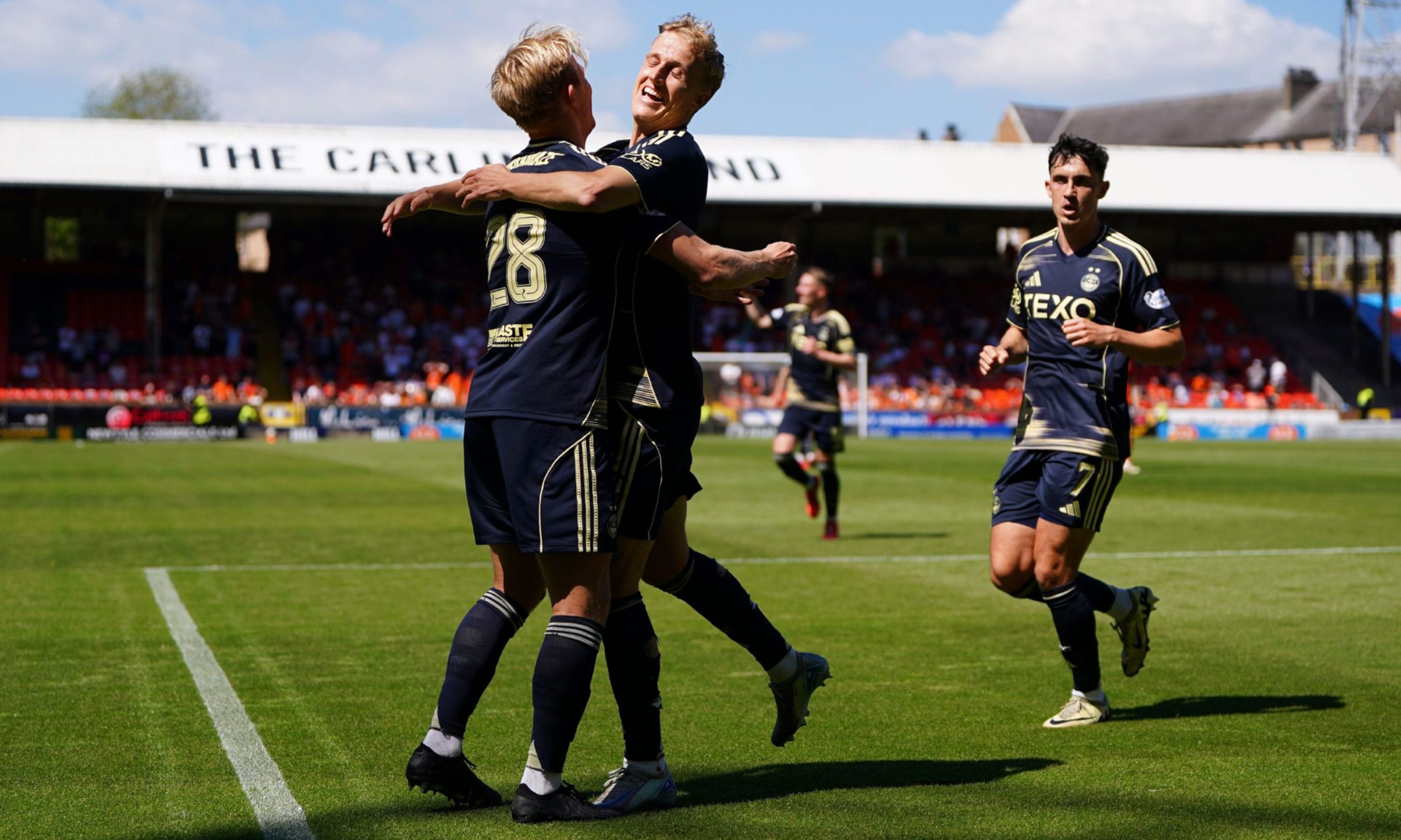 Aberdeen's Jeppe Okkels celebrates after scoring to make it 1-0 against Dundee United at Tannadice.