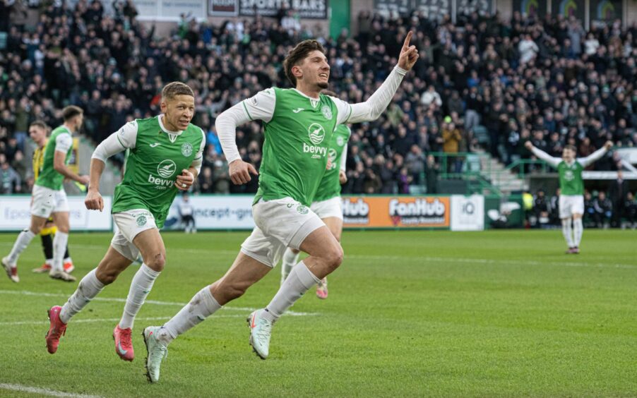 Hibernian's Nectarios Triantis celebrates scoring to make it 1-0 during a William Hill Premiership match between Hibernian and Aberdeen at Easter Road, on February 1, 2025. Image: SNS.