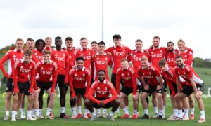 The Aberdeen squad with Player of the Year Shayden Morris at the front pictured at Cormack Park. Image: SNS