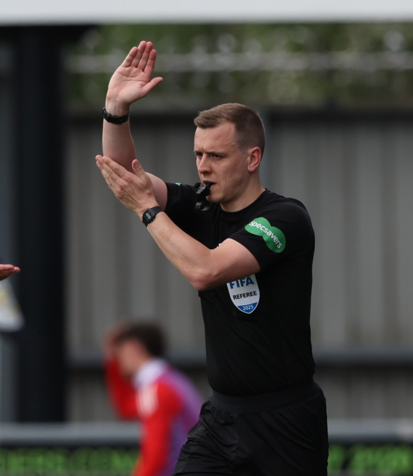 Referee Ross Hardie after ruling out an Aberdeen goal for a Kevin Nisbet handball against St Mirren. 
