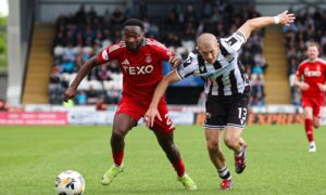 Aberdeen's Shayden Morris and St Mirren's Alex Gogic in action during a William Hill Premiership match between St Mirren and Aberdeen at the SMiSA Stadium, on May 03, 2025, in Paisley, Scotland. (Photo by Craig Williamson / SNS Group)