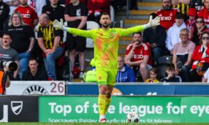 Aberdeen's Dimitar Mitov in action during the 1-0 loss to St Mirren in the Premiership. Image: SNS