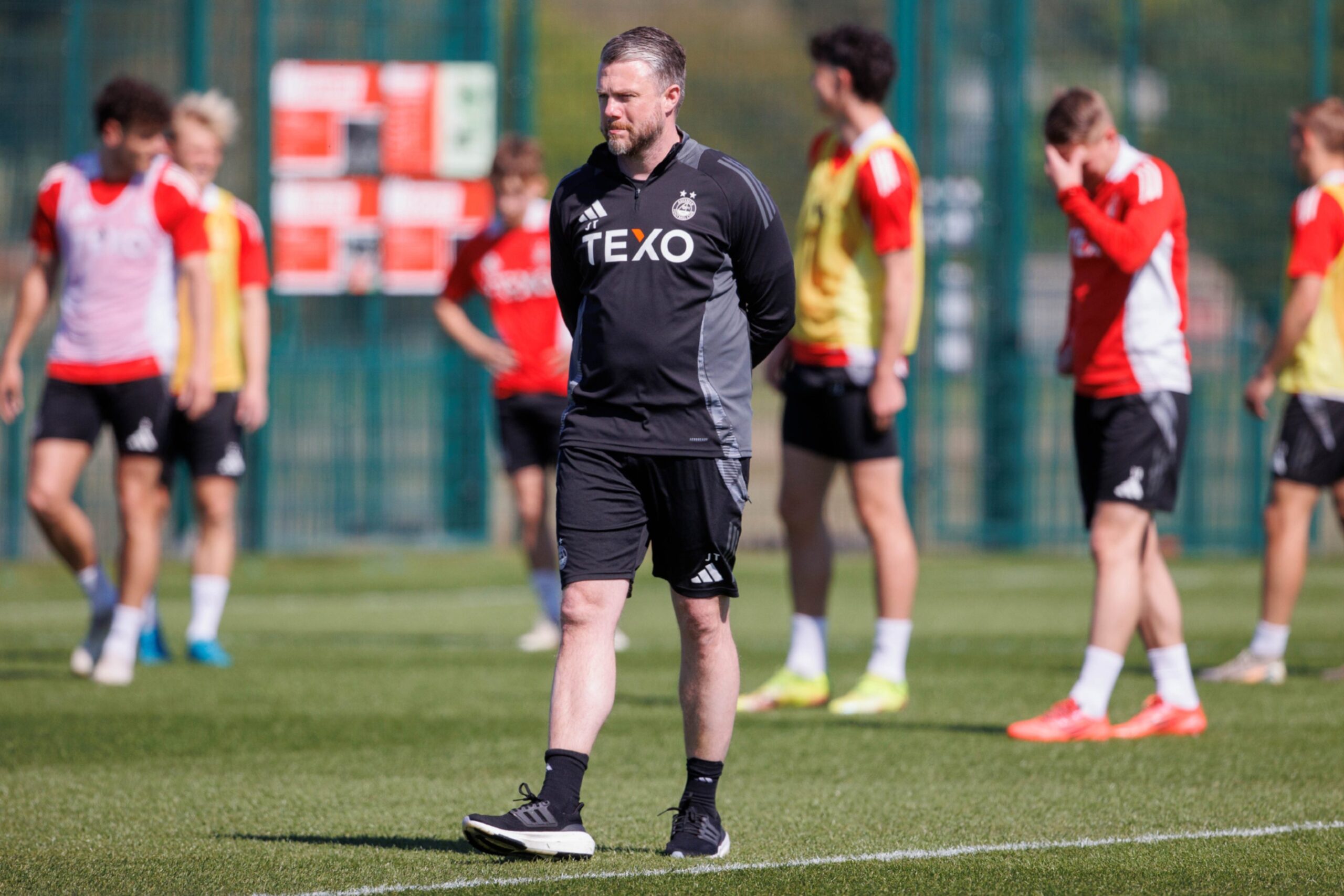 Aberdeen manager Jimmy Thelin during a training session at Cormack Park