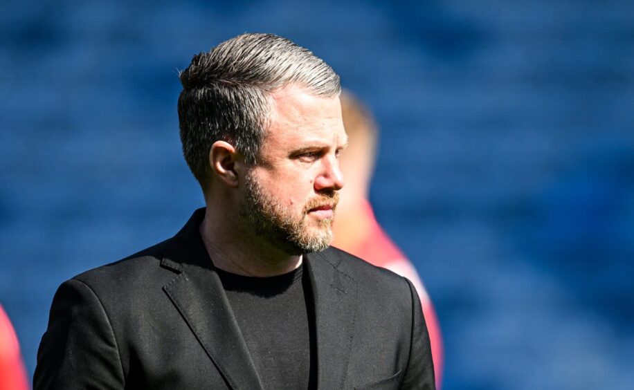 Dons boss Jimmy Thelin at Ibrox on Sunday. Image: SNS