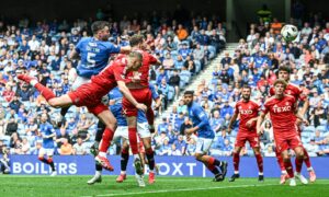 Rangers' John Souttar heads the ball wide of the post against Aberdeen. Image: SNS.