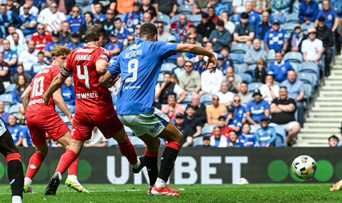 Rangers' Cyriel Dessers scores to make it 2-0 in a 4-0 win against Aberdeen at Ibrox.