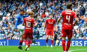 Rangers' Hamza Igamane scores to make it 3-0 against Aberdeen at Ibrox.