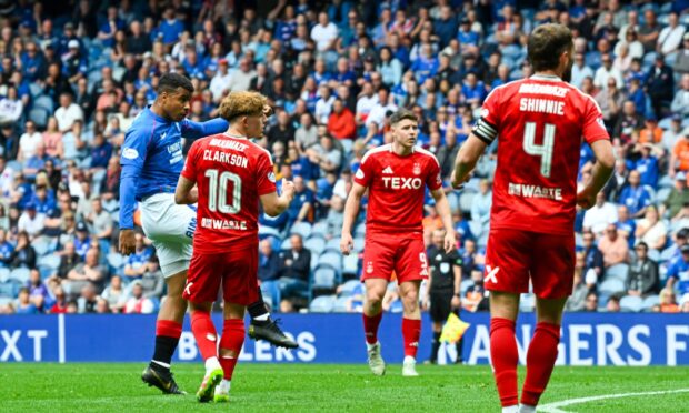 Rangers' Hamza Igamane scores to make it 3-0 against Aberdeen at Ibrox.