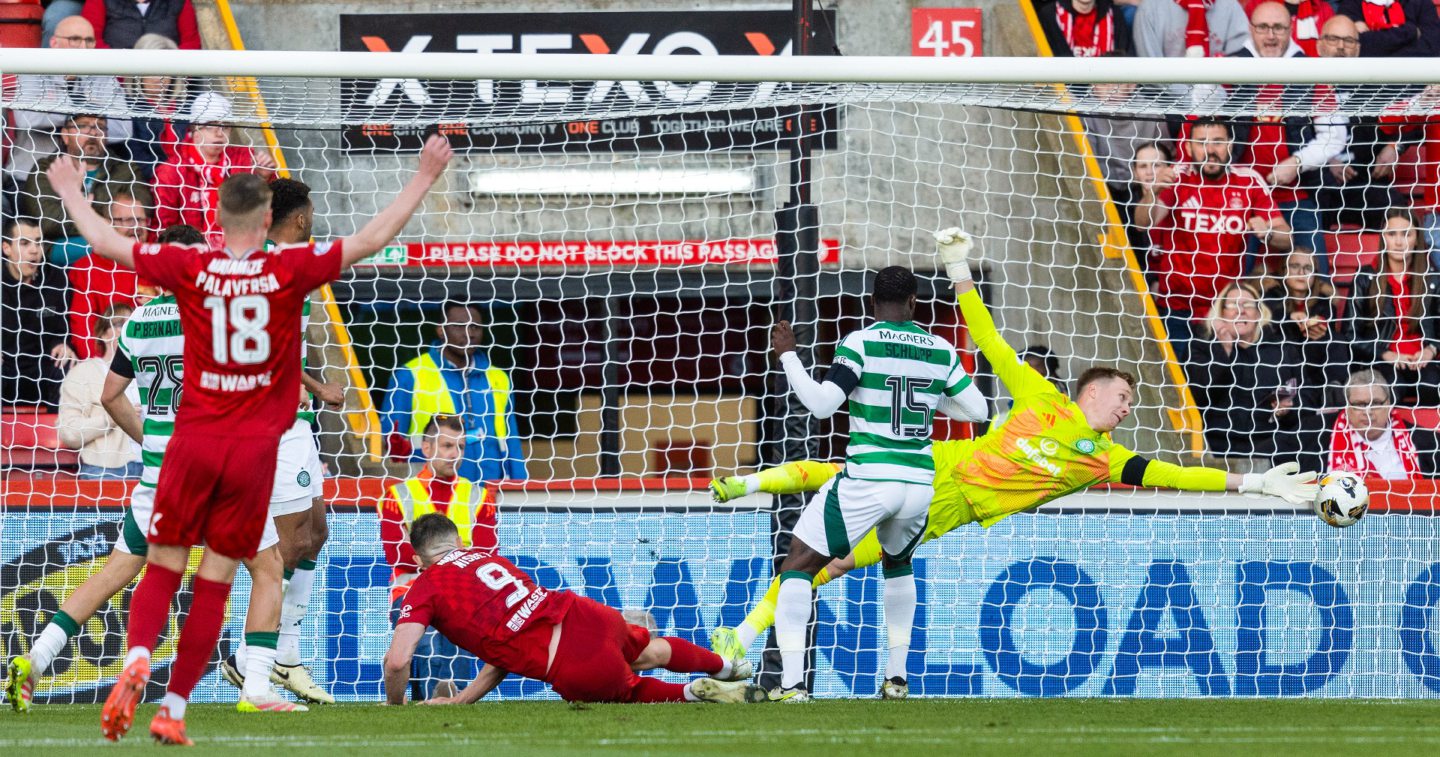 Aberdeen's Kevin Nisbet (centre) scores to make it 1-1 against Celtic in the 5-1 loss at Pittodrie. 