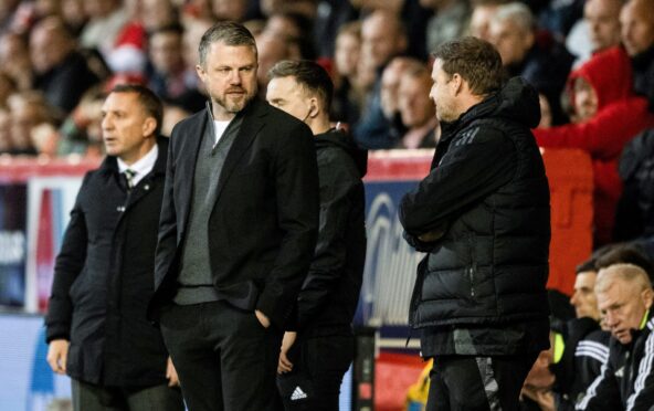 Aberdeen manager Jimmy Thelin on the touchline during the 5-1 defeat by Celtic at Pittodrie. Image: SNS