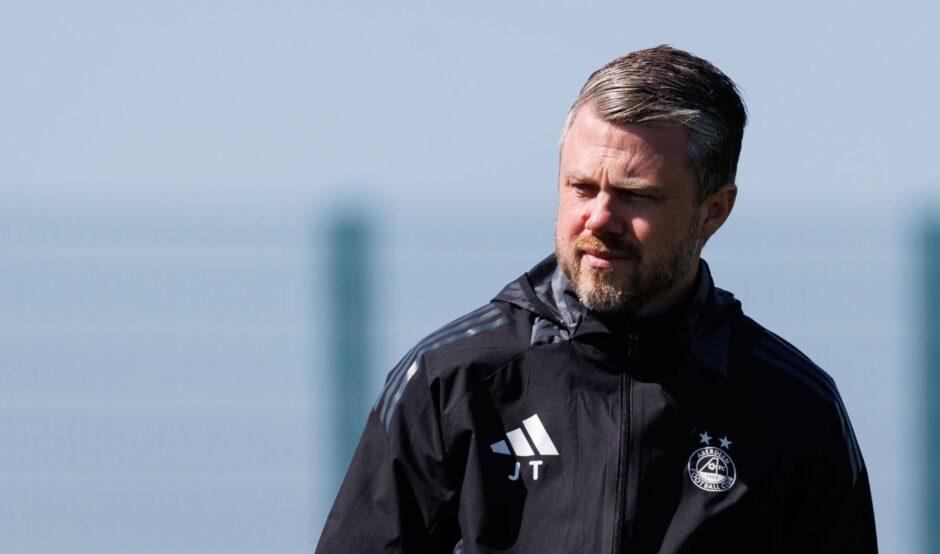 Dons boss Jimmy Thelin at a training session at Cormack Park ahead of the cup final. Image: SNS