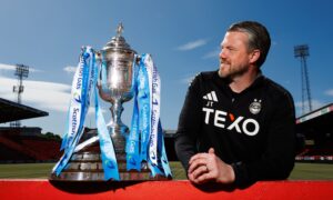 Dons boss Jimmy Thelin hopes to see his side lift the Scottish Cup on Saturday. Image: SNS