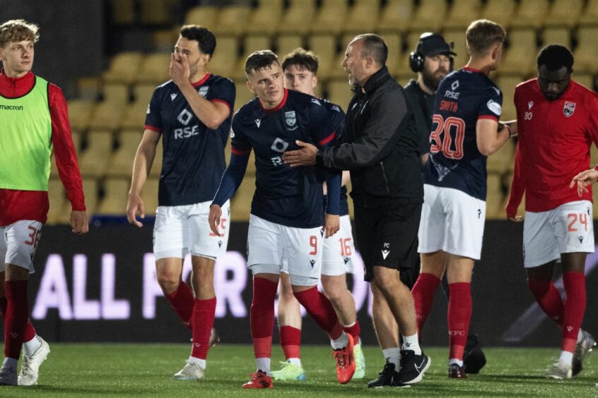 Ross County celebrate their late draw against Livingston. 