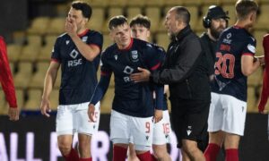 Ross County celebrate their late draw against Livingston.