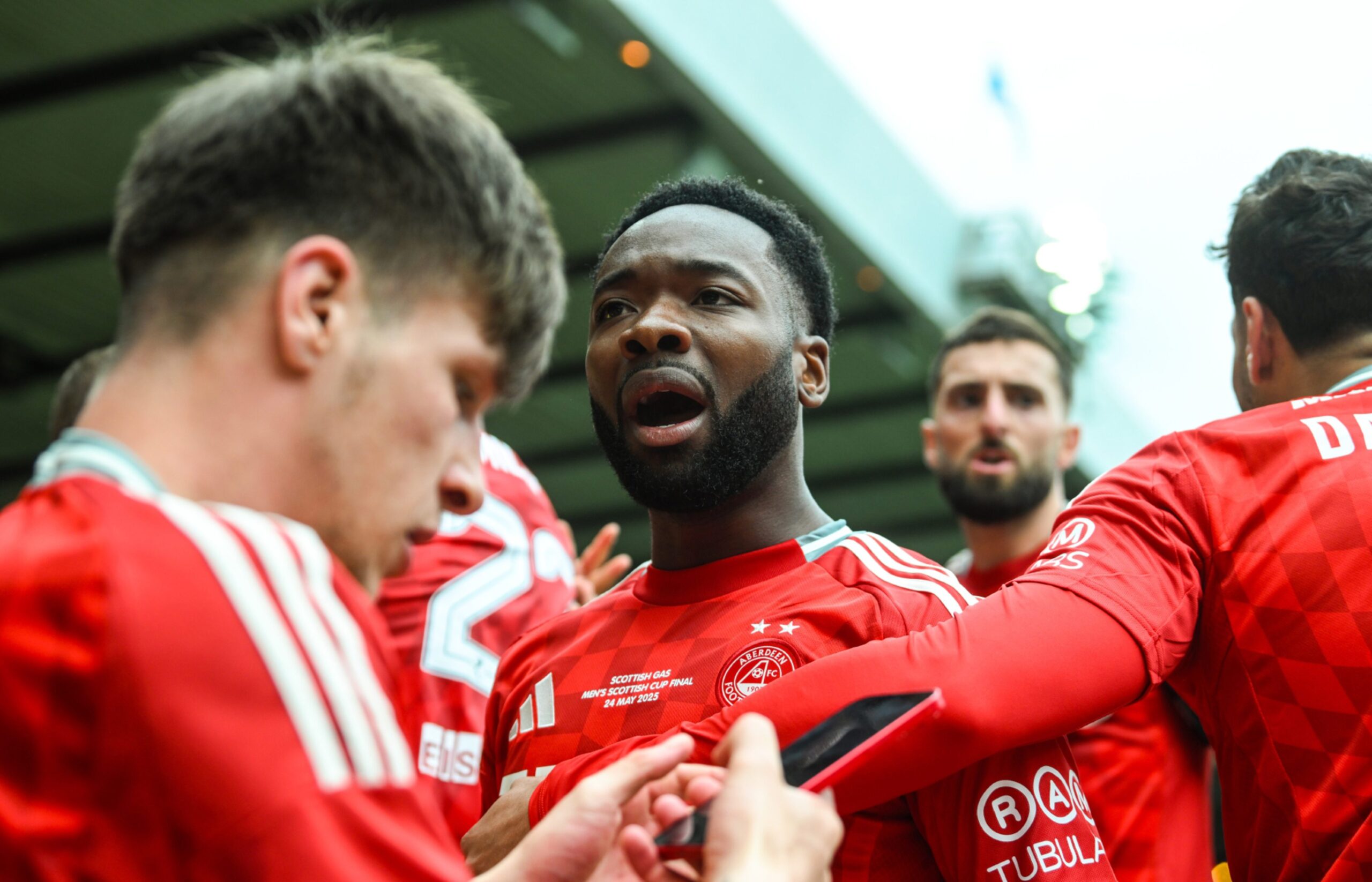 Aberdeen's Shayden Morris celebrates after his cross is turned into his own net by Celtic goalkeeper Kasper Schmeichel to make it 1-1.