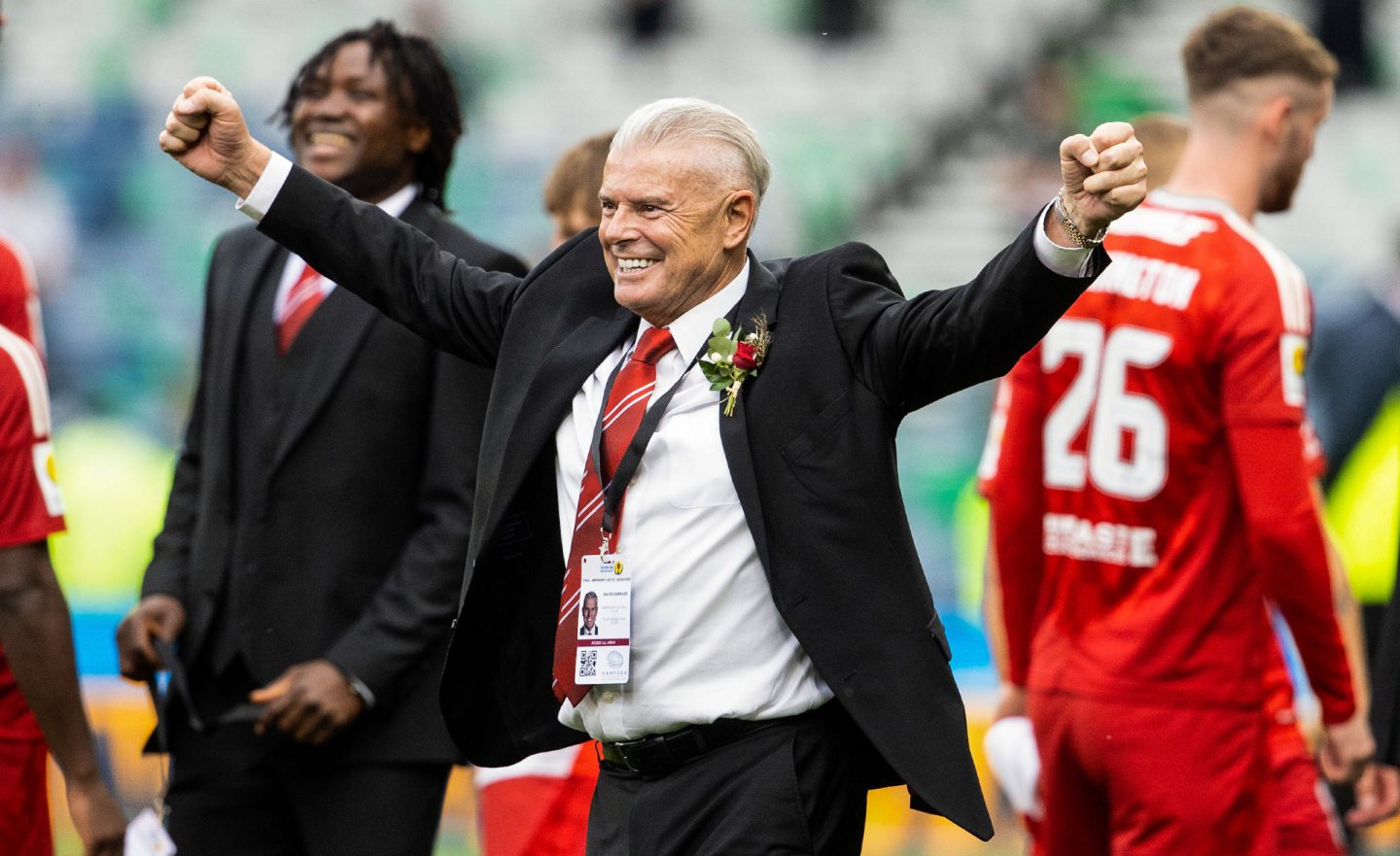Aberdeen chairman Dave Cormack celebrates during the Scottish Cup final win against Celtic at Hampden. 