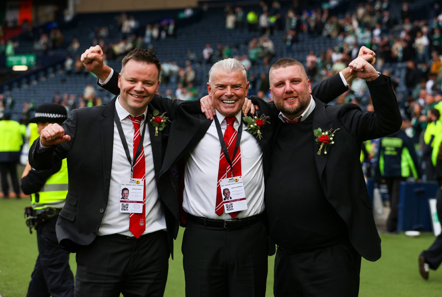 Aberdeen's Director of Football Steven Gunn, Chairman Dave Cormack and Chief Executive Alan Burrows celebrate the Scottish Cup win at Hampden.