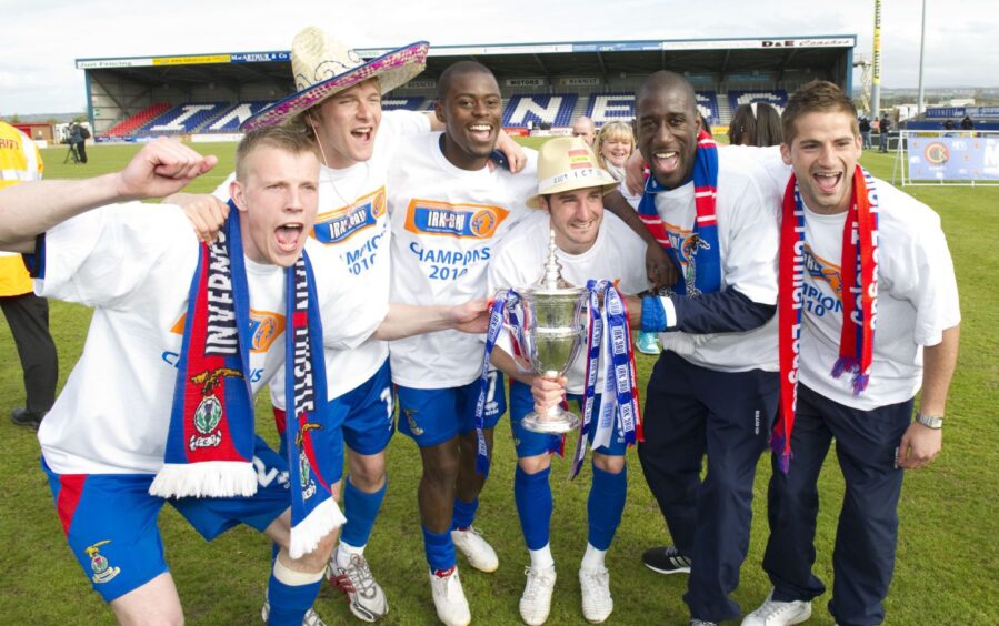 Inverness Caledonian Thistle players celebrate winning the First Division title following a 1-0 win against Dundee at the Caledonian Stadium, Inverness, on May 1, 2010. Pictured, from left, are: Nauris Bulvitis, Robert Eagle, Eric Odhiambo, Danni Sanchez, Lionel Djebi-Zadi and Daniel Stratford.